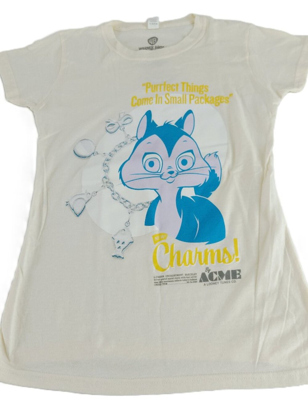 Looney Toons Pussyfoot Cat ACME Charms Tee T-Shirt Women's Size Small Cream WB